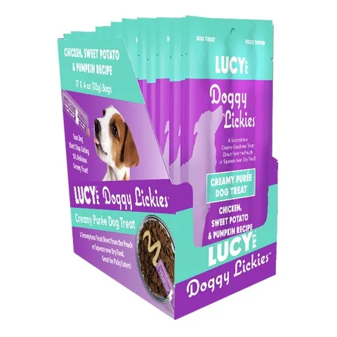 17pc 4oz Lucy Pet Doggy Lickies Chicken, Sweet Potato & Pumpkin Display - Treats
